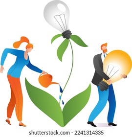 Innovation solution, lamp light - creative business idea, vector illustration. Flat creativity by people man woman character, web page concept.