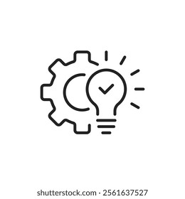 innovation solution like gear and lightbulb icon. linear simple trend modern abstract insight logotype graphic art design element isolated on white. concept of creative industry or implementation idea