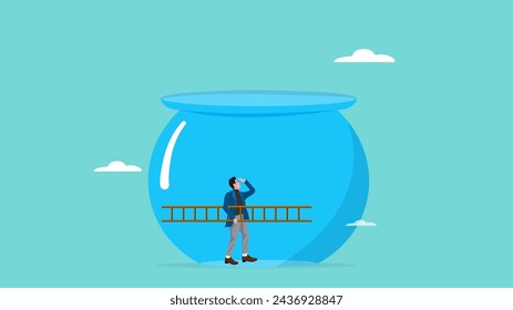 innovation to solve business problem, management or strategy to overcome obstacles in business, businessman with ladder preparing to break out of fish aquarium jar prison concept vector illustration