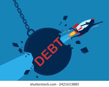 Innovation to solve debt problems. Businesswoman flying with rocket unlocking debt 