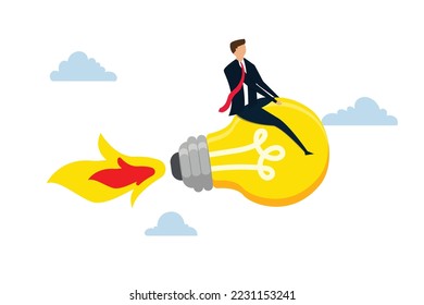 innovation start up business, happy smart businessman leader riding flying bright lightbulb lamp with rocket booster in the cloud sky.