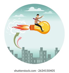 Innovation start up business or inspiration to achieve success goal concept, happy smart businessman leader riding flying bright light bulb lamp with rocket booster in the cloud sky.
