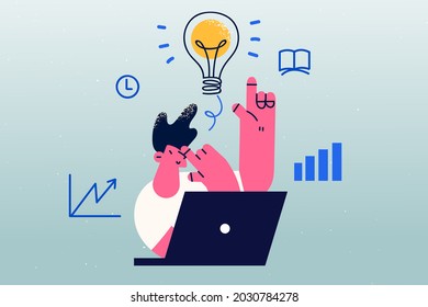 Innovation, start up and creative idea concept. Young smiling businessman cartoon character sitting at laptop and having brilliant idea in mind with light bulb above vector illustration 