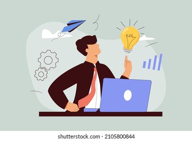 Innovation, start up and creative idea concept. Young smiling businessman cartoon character sitting at laptop and having brilliant idea in mind with light bulb above vector illustration. Science