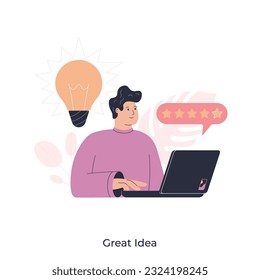 Innovation, start up and creative idea concept. Young happy businessman cartoon character sitting at laptop and having brilliant idea in mind with light bulb above. Vector illustration. Feedback