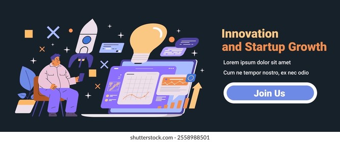 Innovation and startup growth concept with man holding phone rocket light bulb and graphs on screen dark background