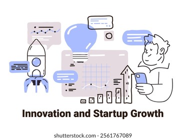 Innovation and startup growth concept with rocket light bulb graphs person on phone doodle style