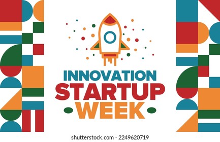 Innovation Startup Week. Business event for make future success. Technology development startups, searching financial and sponsorship. Creative marketing strategy for company. Vector rocket