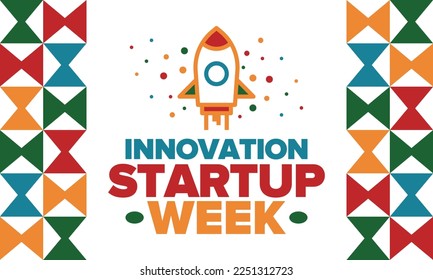 Innovation Startup Week. Business event for make future success. Technology development startups, searching financial and sponsorship. Creative marketing strategy for company. Vector rocket