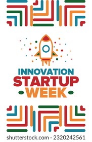 Semana de inicio de la innovación. Evento de negocios para lograr éxito en el futuro. Nuevas empresas de desarrollo tecnológico, búsqueda financiera y patrocinio. Estrategia creativa de marketing para la empresa. cohete vectorial
