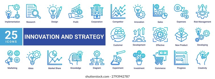 Innovation and strategy icon set featuring marketing,sales,investment,creativity,development,research,business growth and commercial vector collection