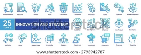 Innovation and strategy icon set featuring marketing,sales,investment,creativity,development,research,business growth and commercial vector collection