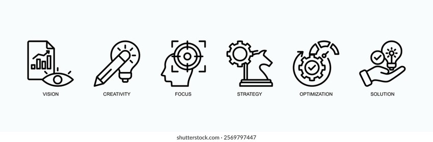 Innovation And Strategy Icon Set Icon Set Isolated Vector Illustration Concept With Icon Of Vision, Creativity, Focus, Strategy, Optimization, Solution In Outline Style