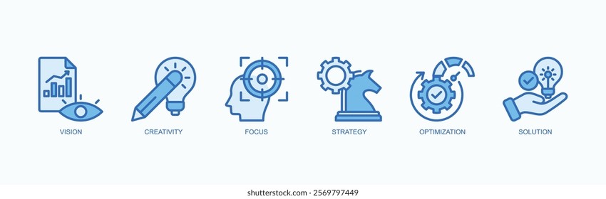 Innovation And Strategy Icon Set Icon Set Isolated Vector Illustration Concept With Icon Of Vision, Creativity, Focus, Strategy, Optimization, Solution In Blue Style