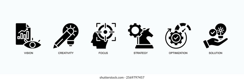 Innovation And Strategy Icon Set Icon Set Isolated Vector Illustration Concept With Icon Of Vision, Creativity, Focus, Strategy, Optimization, Solution In Glyph Style