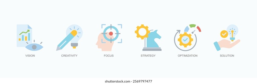 Innovation And Strategy Icon Set Icon Set Isolated Vector Illustration Concept With Icon Of Vision, Creativity, Focus, Strategy, Optimization, Solution In Flat Style