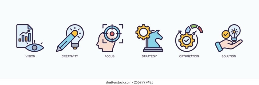 Innovation And Strategy Icon Set Icon Set Isolated Vector Illustration Concept With Icon Of Vision, Creativity, Focus, Strategy, Optimization, Solution In Outline Color Style