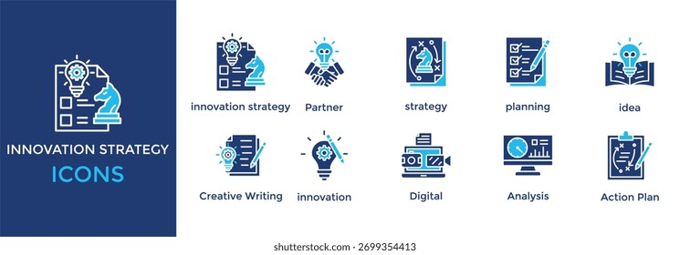 conjunto de iconos de estrategia de innovación. con icono Socio, estrategia, planificación, idea, Escritura creativa