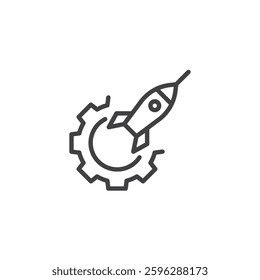 Innovation Strategy line icon. linear style sign for mobile concept and web design. A rocket launching from a gear outline vector icon. Symbol, logo illustration. Vector graphics