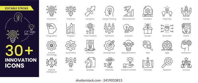 Innovation Stroke icon set. Containing creativity, invention, prototype, Design Thinking, Brainstorm, visionary, idea generation, agile, revolution and more. Editable Stroke line icons collection.