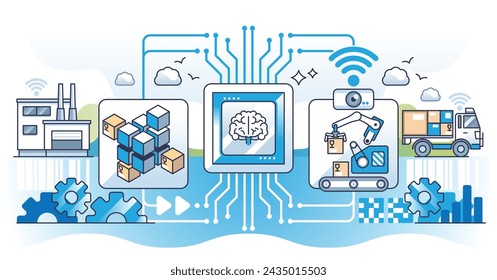 Innovation in der Lieferkette für ein effektives und intelligentes Prozesskonzept. Einsatz von Technologie und Konnektivität für die Logistikautomatisierung und Kommunikation zwischen Lager- oder Werksvektordarstellung