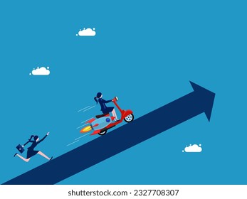 Innovation surpasses business competitors. Businesswoman riding a motorcycle on an arrow
