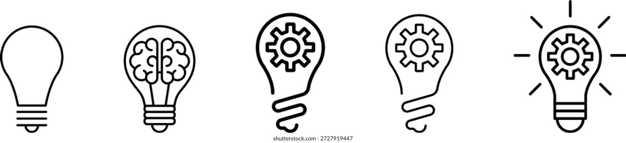 Conjunto de iconos de símbolo de innovación. Bombilla y engranaje, cerebro dentro. Vector del icono de la línea de la bombilla, aislado en el fondo blanco. Signo de la idea. Ilustración vectorial de ícono de Inspiración.