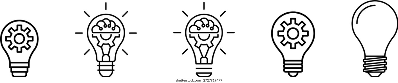 Conjunto de iconos de símbolo de innovación. Bombilla y engranaje, cerebro dentro. Vector del icono de la línea de la bombilla, aislado en el fondo blanco. Signo de la idea. Ilustración vectorial de ícono de Inspiración.