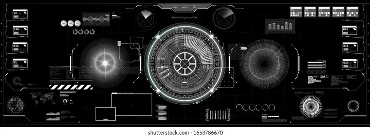 Innovation system Cockpit helmet in HUD style. Black and white futuristic VR Head-up display design. GUI, UI interface for virtual reality. Vector interface iron man, spaceship with HUD elements