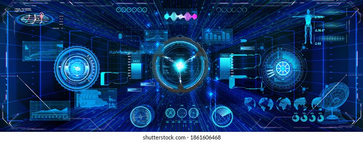 Innovation system HUD for UI, UX, and GUI design. VR and App Futuristic User Interface collection elements. Sky-fi dashboard with charts, circle gadgets, HUD UI and other elements. Vector template