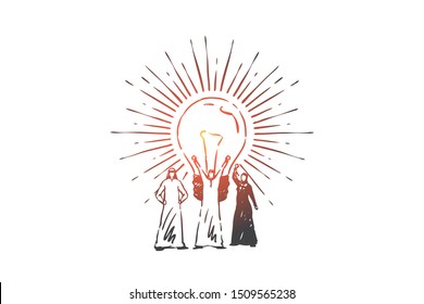 Innovation, teamwork, brainstorming concept sketch. Hand drawn isolated vector