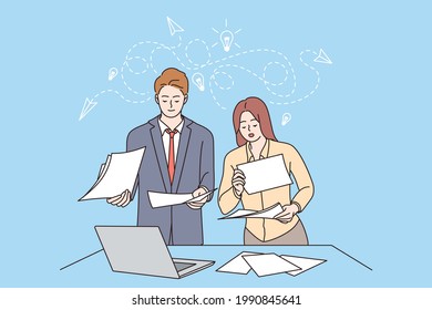 Innovation, Teamwork, new ideas concept. Female and male business partners workers colleagues standing discussing business ideas with documents in office together vector illustration 