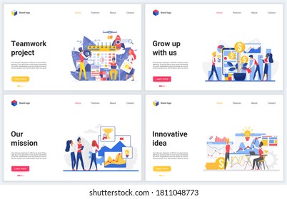 Innovation teamwork on business project vector illustrations. Cartoon flat creative concept design set with business team working and creating innovative idea, financial startup for growing wealth