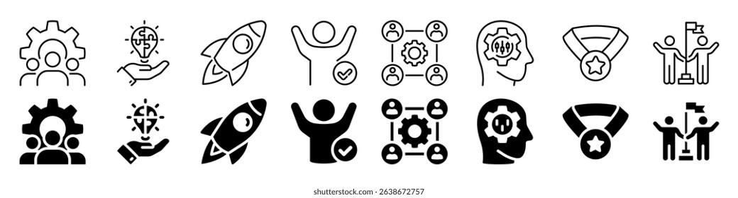 Innovation, teamwork, and success icon set. Linear and silhouette style.