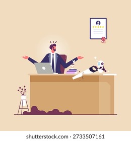 Innovación o evolución tecnológica, Inteligencia Artificial de IA para reemplazar el concepto de trabajo humano, despedir o despedir a un empleado utilizando la sustitución de IA, usar un robot o cortar una sierra a través del escritorio