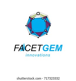 Innovation technologies logo. 3D polygonal geometric faceted object, vector abstract design element.