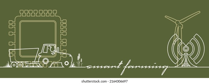 Innovation Technology Of Agriculture. Vehicle For Field Farm Work. Industrial Tractor Transport With Driver, Computer Chip And Wireless Tower Thin Line Icon. Smart Farming Text. Continuous Line