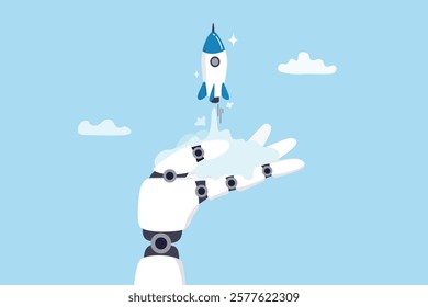 Innovation technology, AI artificial intelligence robot, machine learning project for automation system, innovative algorithm assistance, breakthrough creation concept, robot hand launch new rocket.