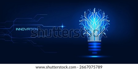 Innovation Technology AI Concept. Abstract glowing light bulb with digital circuit , representing Innovation, Technology, AI, and Artificial Intelligence for futuristic ideas and creative solutions.