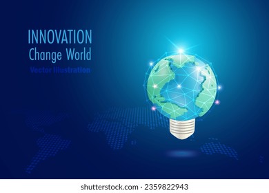 Innovation technology change world. Globe in lightbulb shape with polygon wireframe networking.  Innovation technology and creative ideas in digital data science for future next generation. 3D vector.