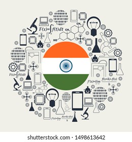 Innovation and technology concept. Circle frame with thin line icons. Flag of the India