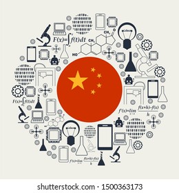 Innovation and technology concept. Circle frame with thin line icons. Flag of the China