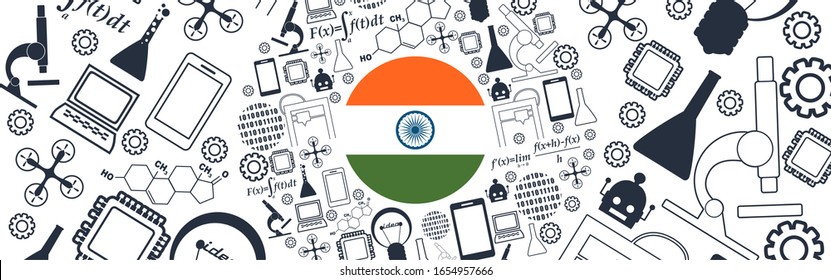 Innovation and technology concept. Circle frame with thin line icons. Flag of the India