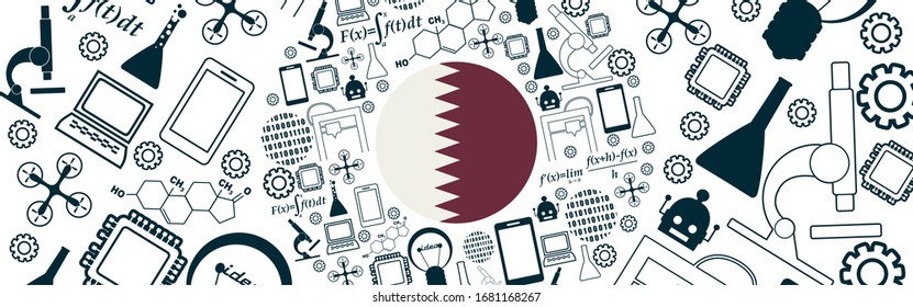 Innovation and technology concept. Circle frame with thin line icons. Flag of the Qatar