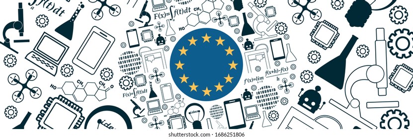 Concepto de innovación y tecnología. Marco circular con iconos de línea delgada. Bandera de la Unión Europea