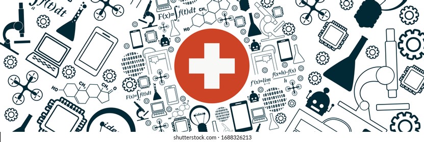 Innovations- und Technologiekonzept. Circle Frame mit dünnen Linien Symbole. Flagge der Schweiz