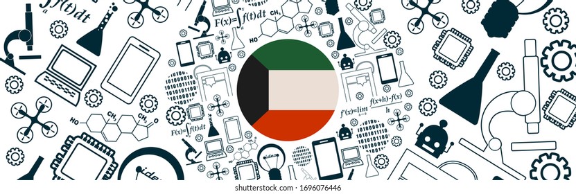 Innovation and technology concept. Circle frame with thin line icons. Flag of the Kuwait
