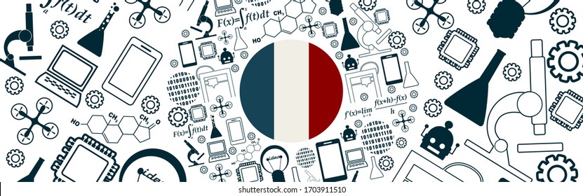 Innovation and technology concept. Circle frame with thin line icons. Flag of the France