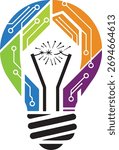 Innovation and technology concept with a lightbulb made of colorful circuit board patterns. Creative idea, energy, and solution vector icon