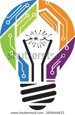 Innovation and technology concept with a lightbulb made of colorful circuit board patterns. Creative idea, energy, and solution vector icon